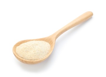 Photo of Aromatic garlic powder in wooden spoon isolated on white