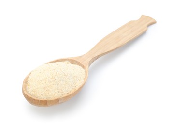Photo of Aromatic garlic powder in wooden spoon isolated on white