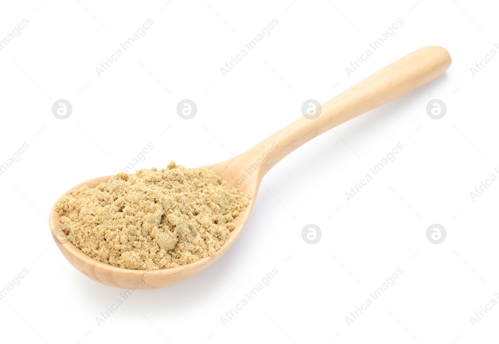 Dry ginger powder in wooden spoon isolated on white Photo of Dry ginger powder in wooden spoon isolated on white
