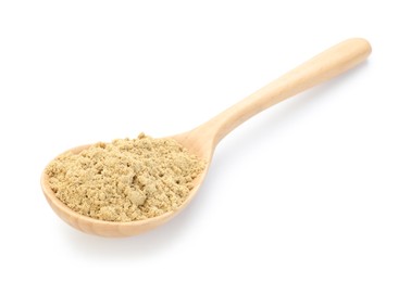 Photo of Dry ginger powder in wooden spoon isolated on white