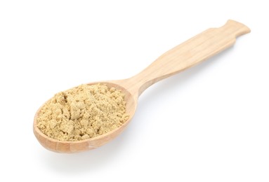 Photo of Dry ginger powder in wooden spoon isolated on white
