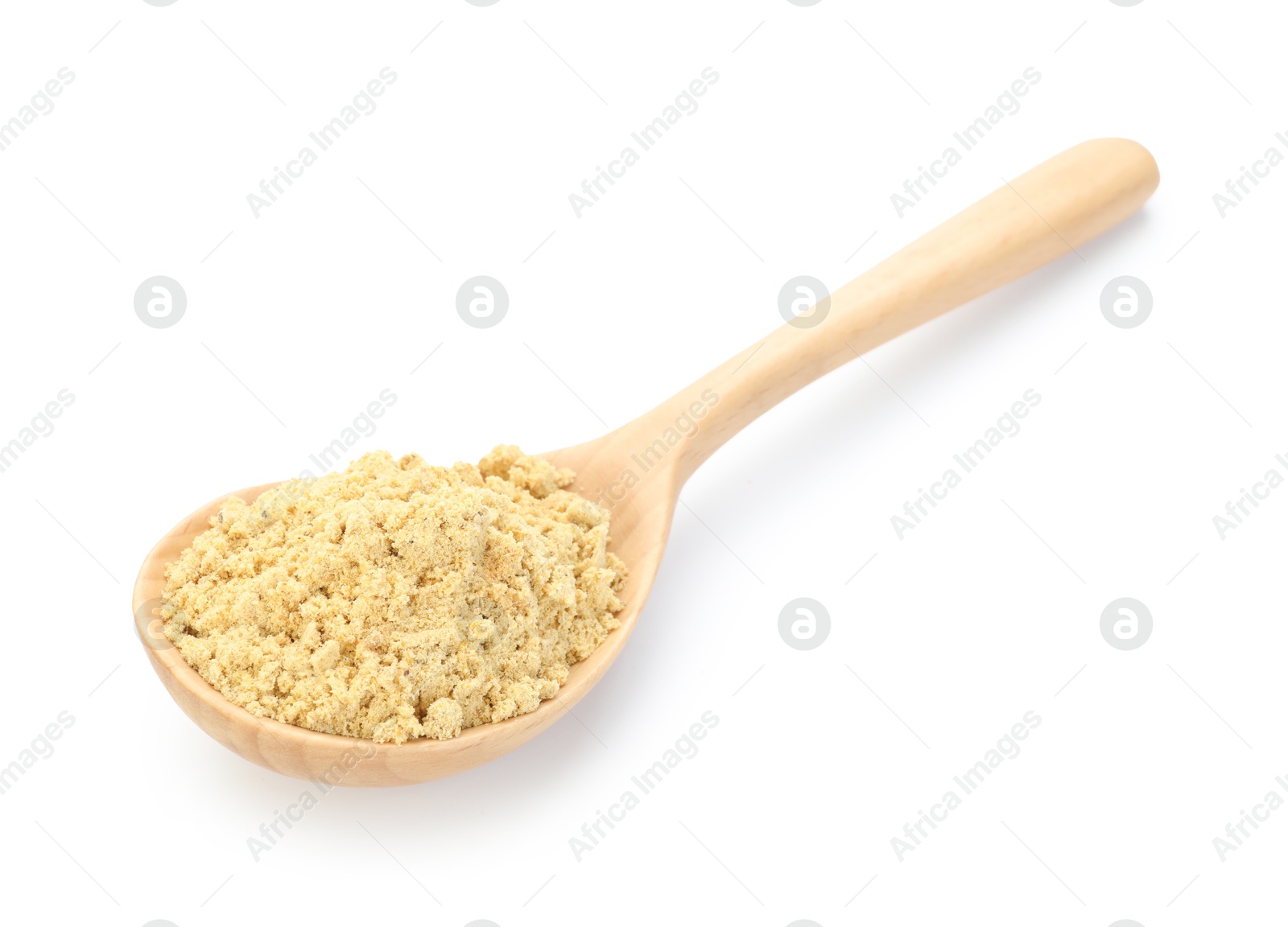 Dry ginger powder in wooden spoon isolated on white Photo of Dry ginger powder in wooden spoon isolated on white