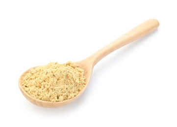 Photo of Dry ginger powder in wooden spoon isolated on white