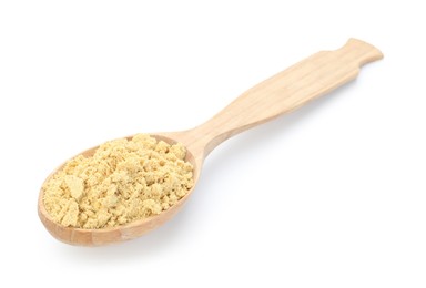 Photo of Dry ginger powder in wooden spoon isolated on white