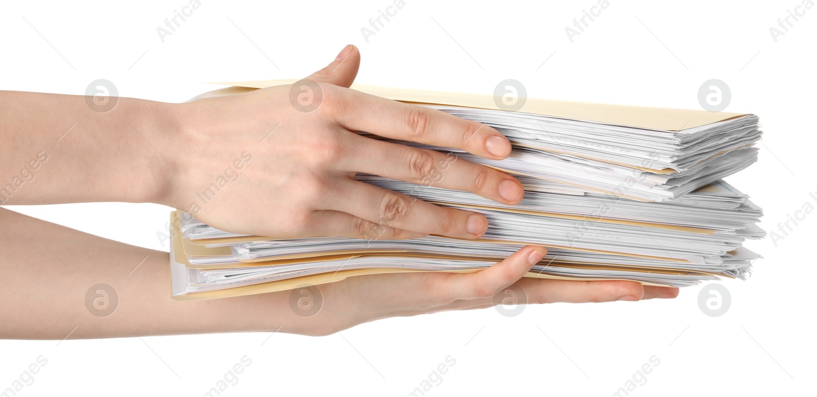 Woman holding stack of file folders with papers on white background, closeup Photo of Woman holding stack of file folders with papers on white background, closeup