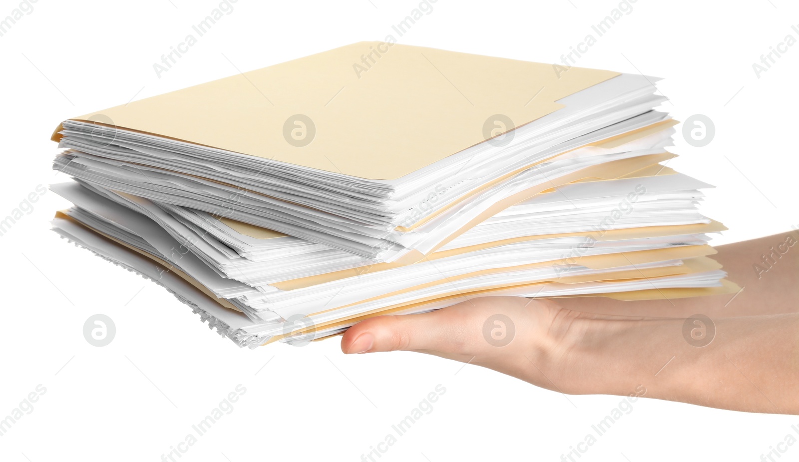 Woman holding stack of file folders with papers on white background, closeup Photo of Woman holding stack of file folders with papers on white background, closeup