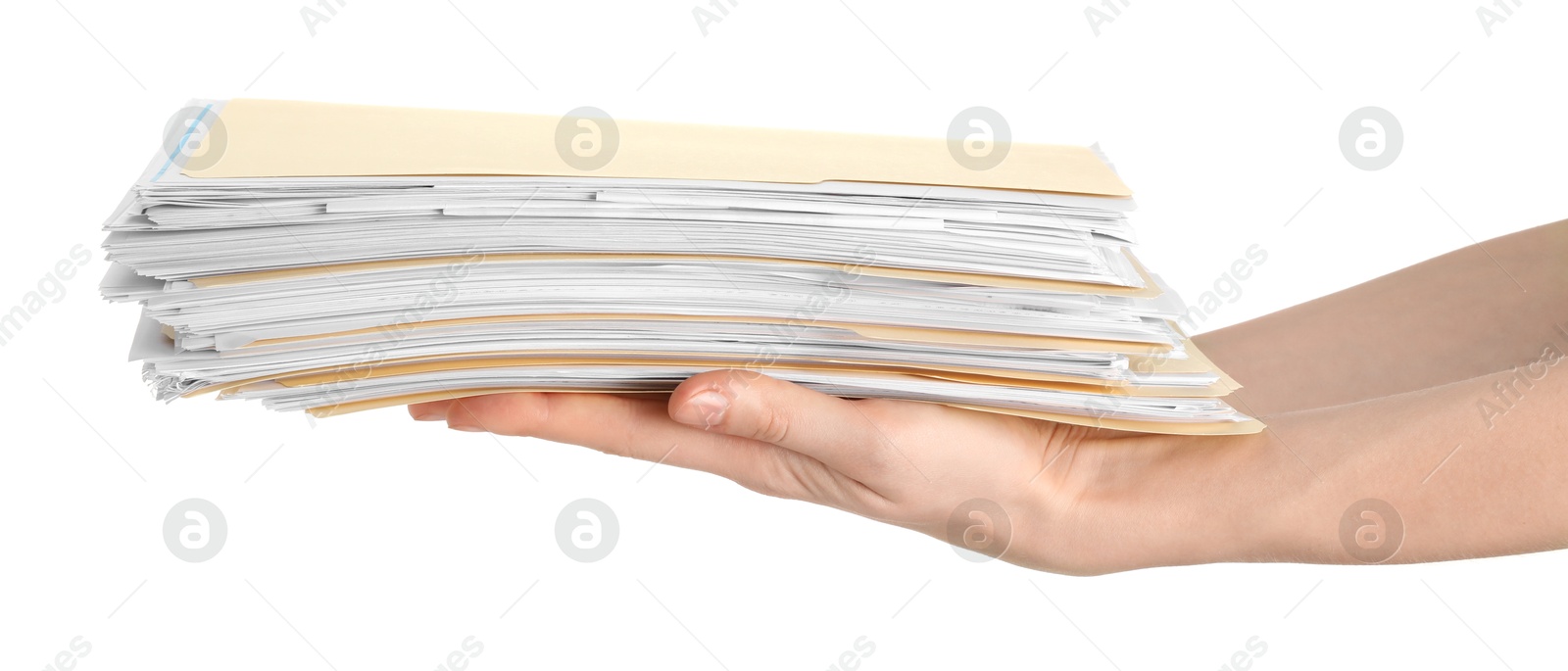 Woman holding stack of file folders with papers on white background, closeup Photo of Woman holding stack of file folders with papers on white background, closeup