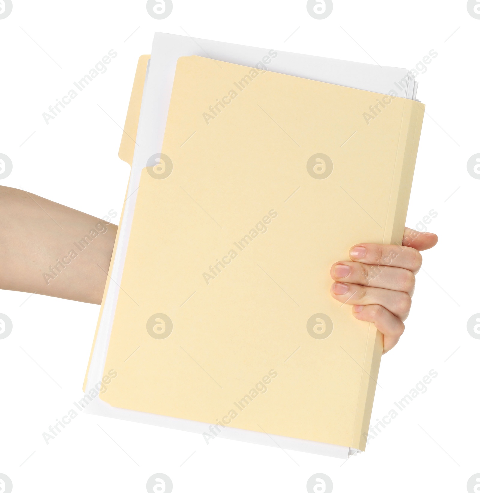 Woman holding paper file folder on white background, closeup Photo of Woman holding paper file folder on white background, closeup