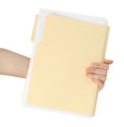 Photo of Woman holding paper file folder on white background, closeup