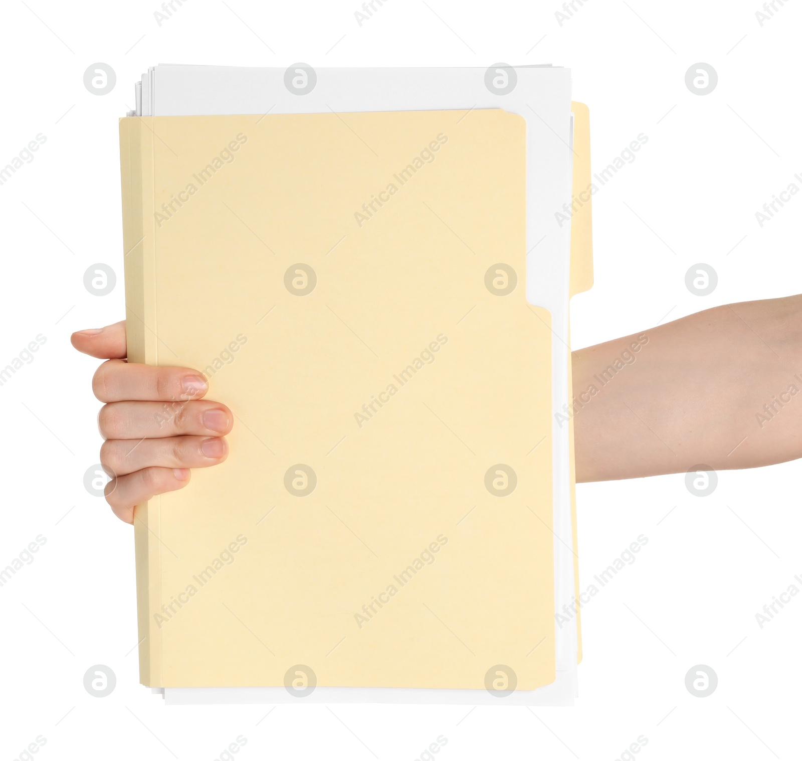 Woman holding paper file folder on white background, closeup Photo of Woman holding paper file folder on white background, closeup