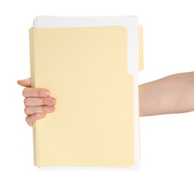 Photo of Woman holding paper file folder on white background, closeup