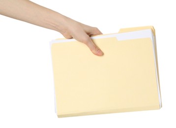 Photo of Woman holding paper file folders on white background, closeup