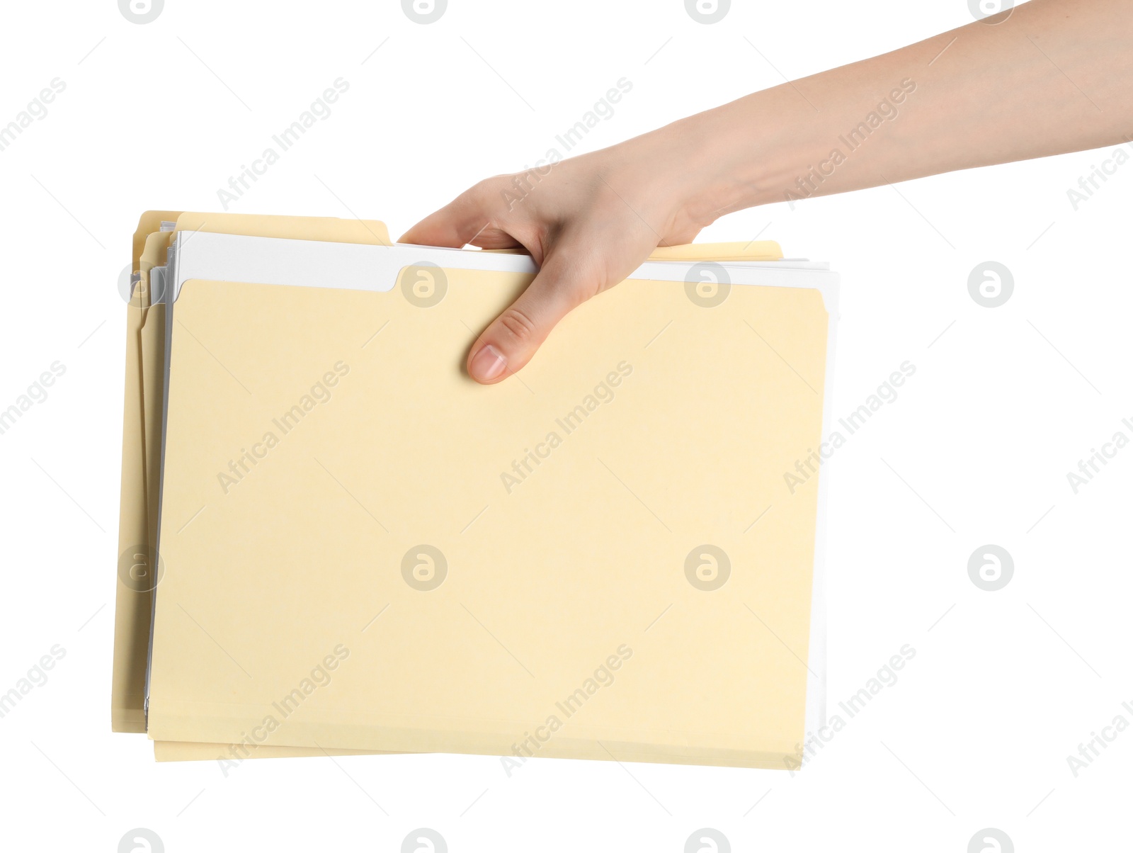 Woman holding paper file folders on white background, closeup Photo of Woman holding paper file folders on white background, closeup