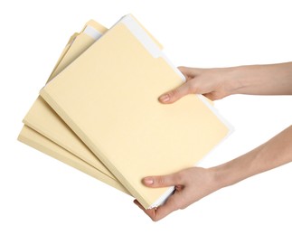 Photo of Woman holding paper file folders on white background, closeup