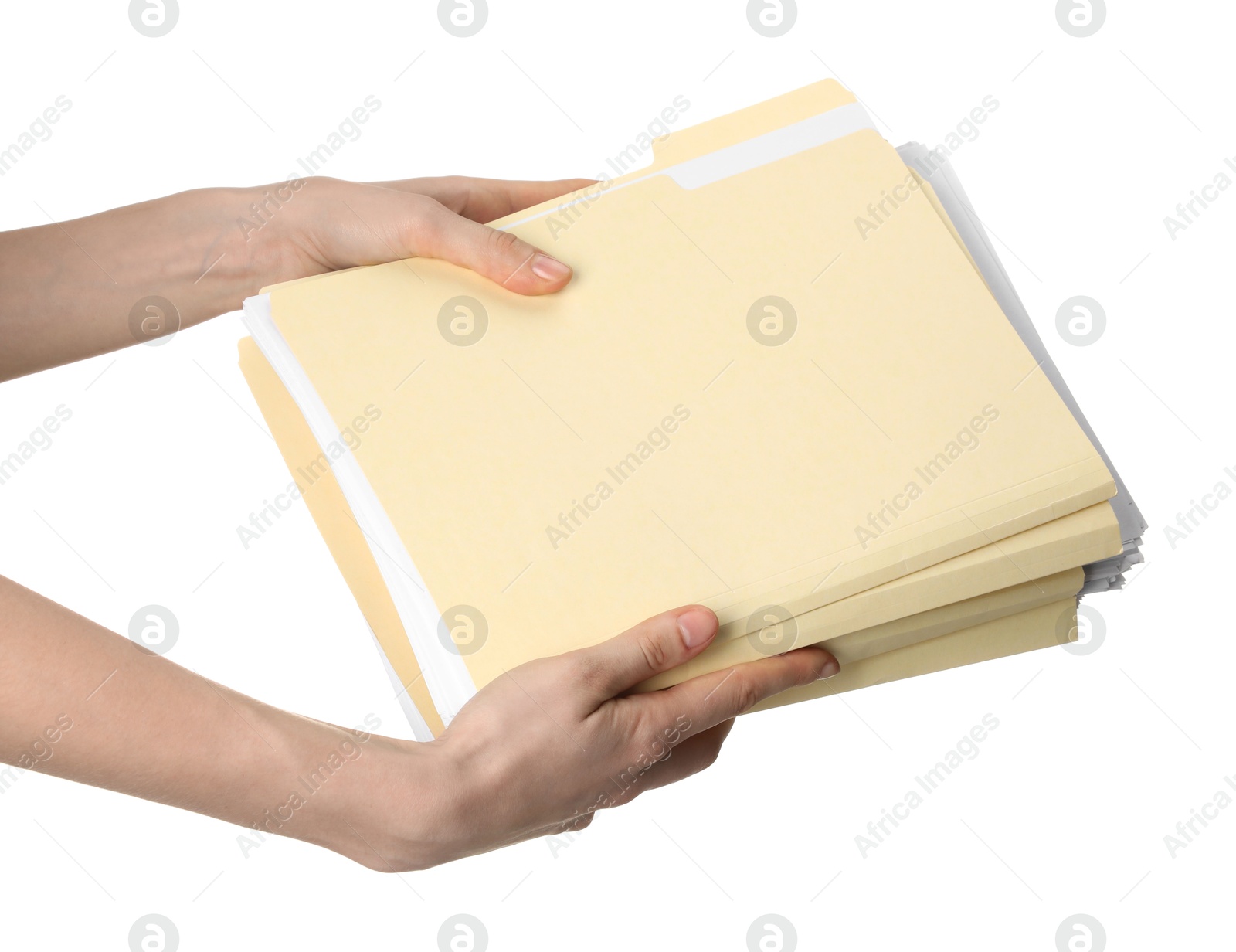 Woman holding paper file folders on white background, closeup Photo of Woman holding paper file folders on white background, closeup