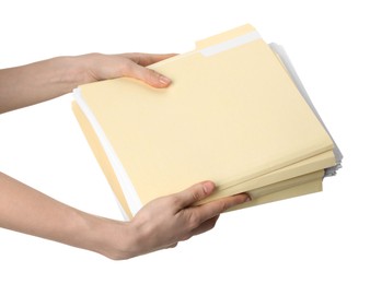 Photo of Woman holding paper file folders on white background, closeup