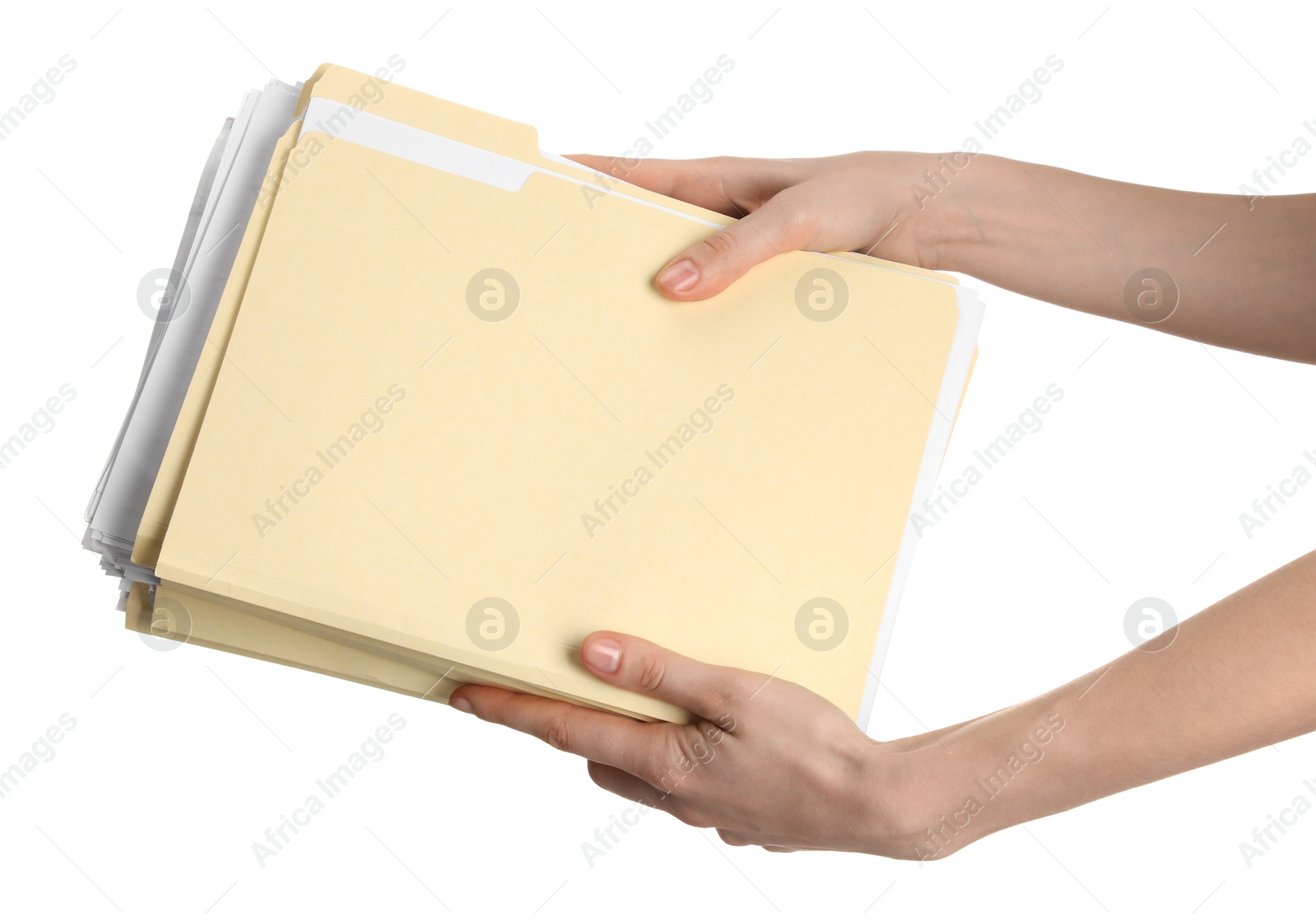 Woman holding paper file folders on white background, closeup Photo of Woman holding paper file folders on white background, closeup