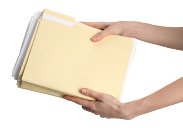 Photo of Woman holding paper file folders on white background, closeup