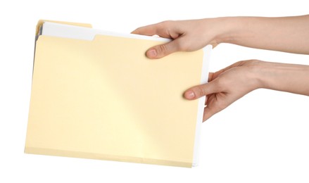 Photo of Woman holding paper file folder on white background, closeup