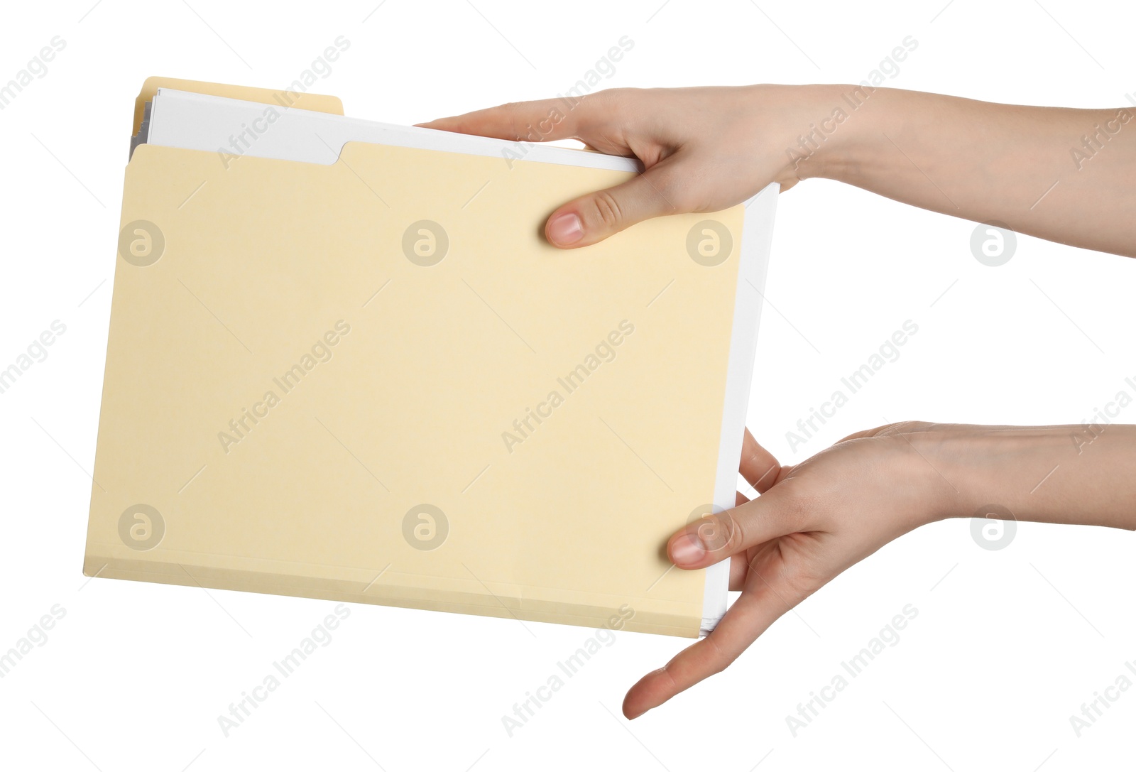 Woman holding paper file folder on white background, closeup Photo of Woman holding paper file folder on white background, closeup