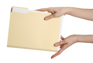 Photo of Woman holding paper file folder on white background, closeup