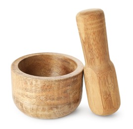 Photo of Wooden mortar with pestle isolated on white