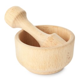 Photo of Wooden mortar with pestle isolated on white