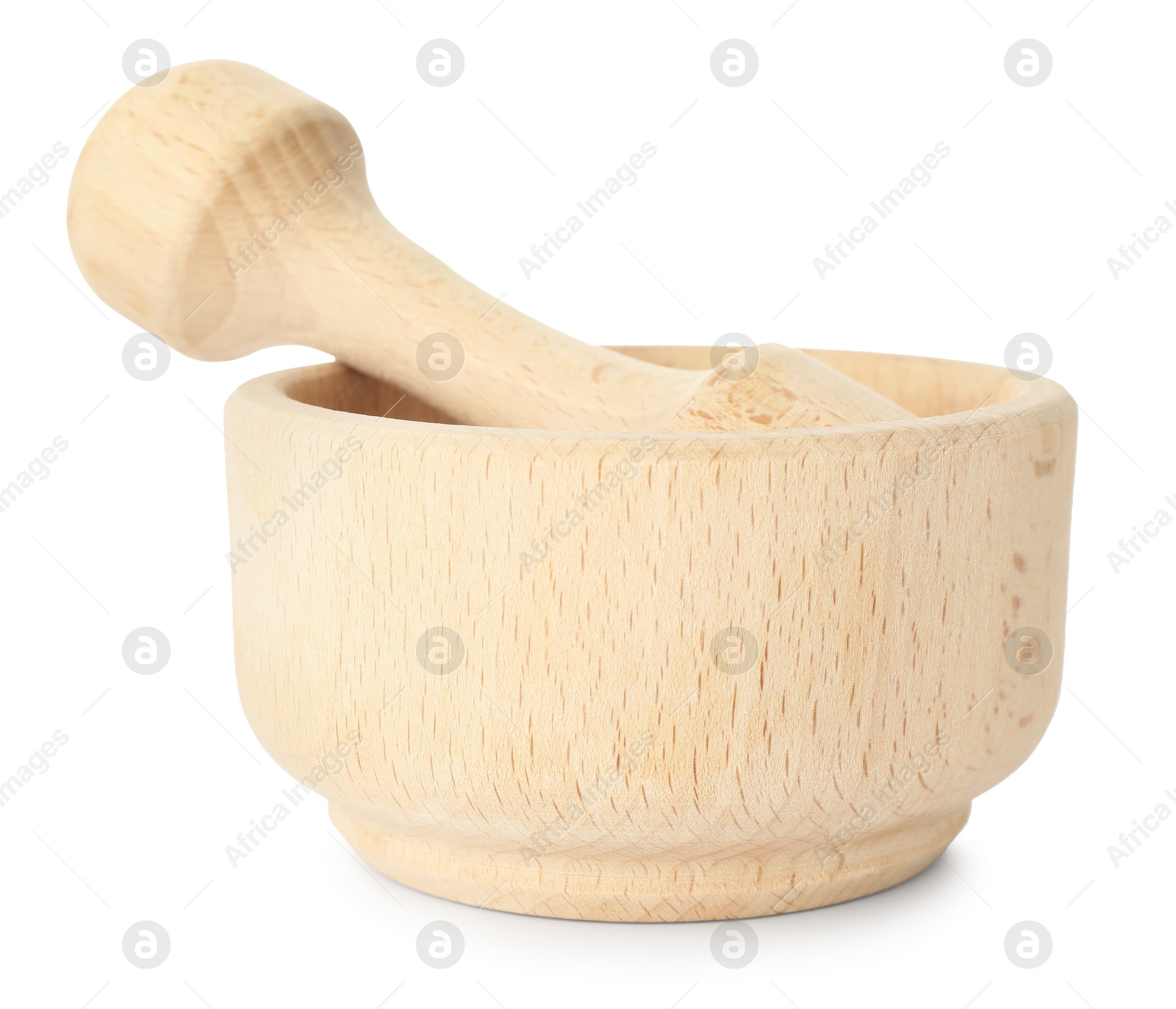 Wooden mortar with pestle isolated on white Photo of Wooden mortar with pestle isolated on white