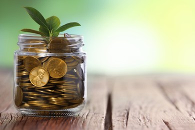 Photo of Investment concept. Glass jar with coins and sprout on wooden table against blurred green background, space for text