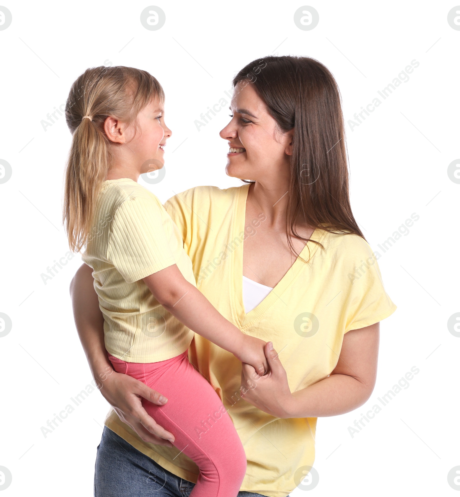 Portrait of happy mother and daughter on white background Photo of Portrait of happy mother and daughter on white background