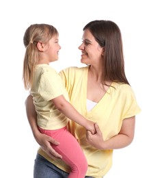 Photo of Portrait of happy mother and daughter on white background