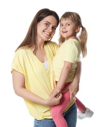Photo of Portrait of happy mother and daughter on white background