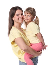 Photo of Portrait of happy mother and daughter on white background
