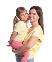Photo of Portrait of happy mother and daughter on white background
