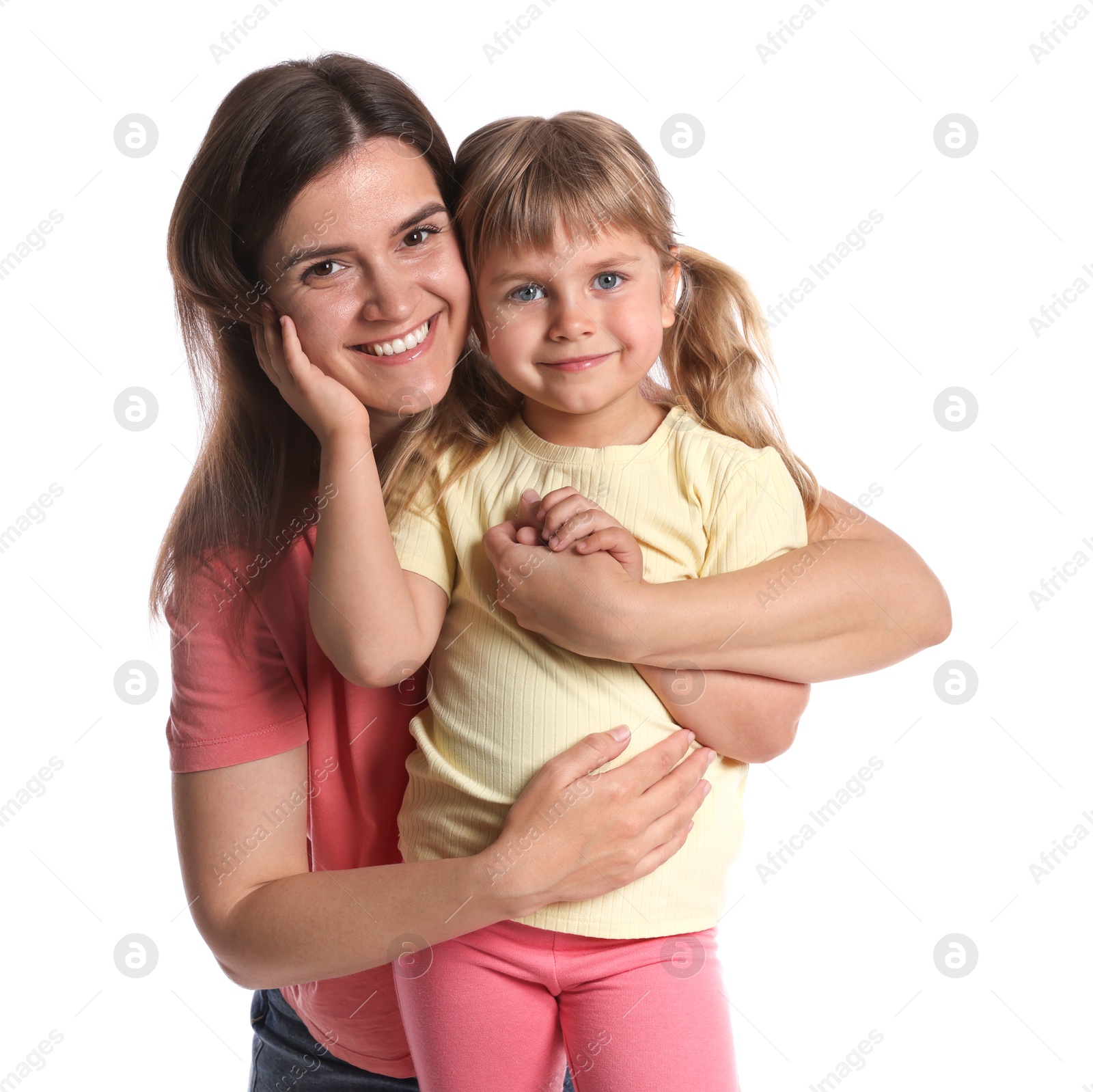 Portrait of happy mother and daughter on white background Photo of Portrait of happy mother and daughter on white background