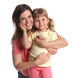 Photo of Portrait of happy mother and daughter on white background