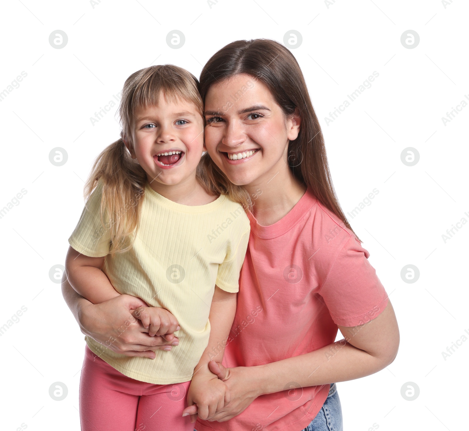 Portrait of happy mother and daughter on white background Photo of Portrait of happy mother and daughter on white background
