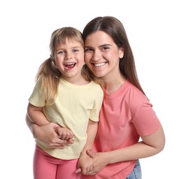 Photo of Portrait of happy mother and daughter on white background