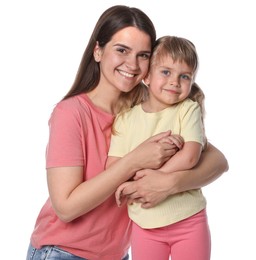Photo of Portrait of happy mother and daughter on white background