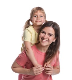 Photo of Portrait of happy mother and daughter on white background