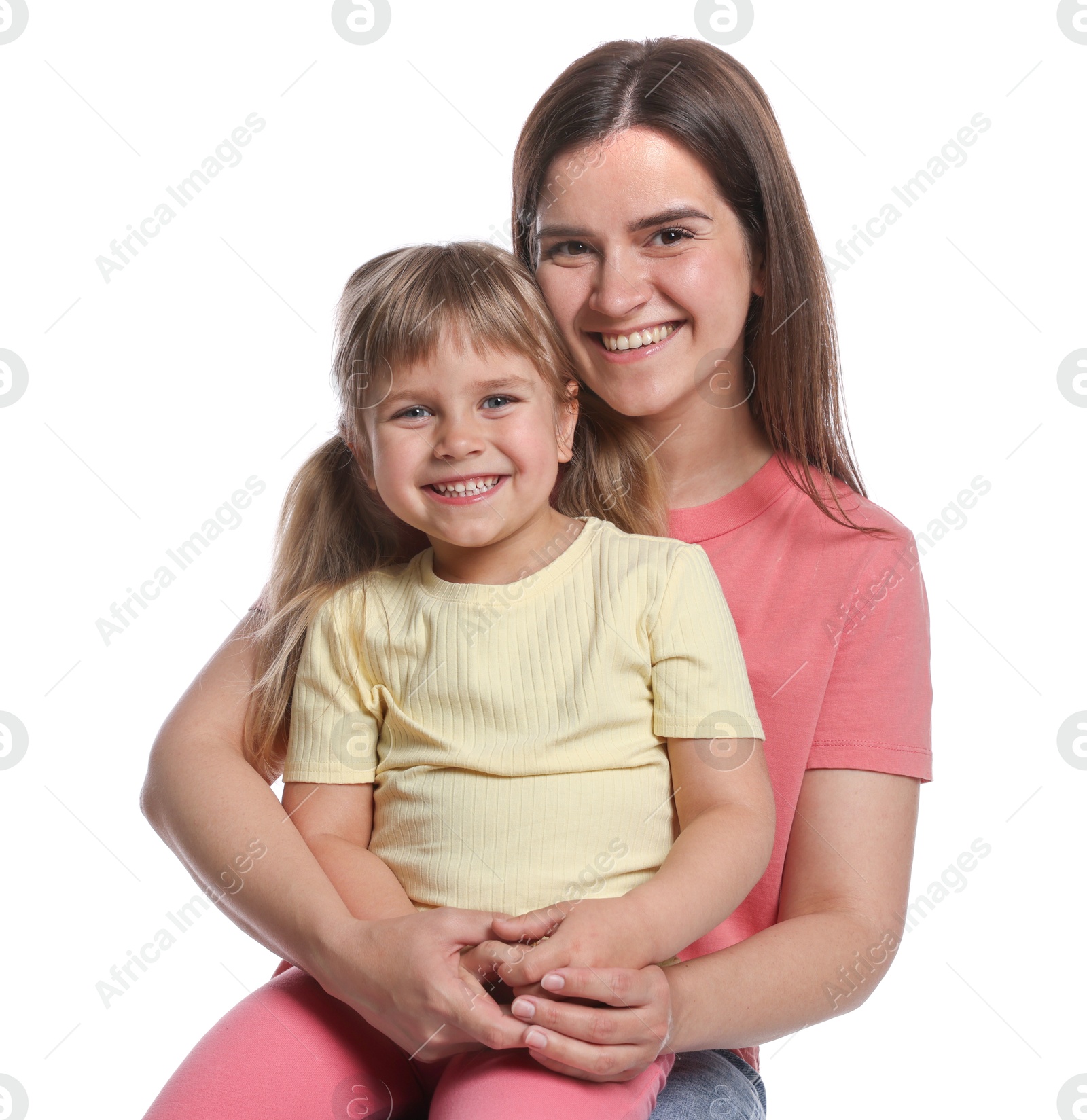 Portrait of happy mother and daughter on white background Photo of Portrait of happy mother and daughter on white background