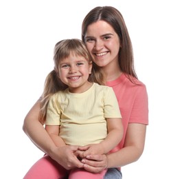Photo of Portrait of happy mother and daughter on white background