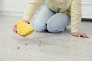 Photo of Young woman with slipper killing cockroaches on floor indoors, closeup. Pest problem