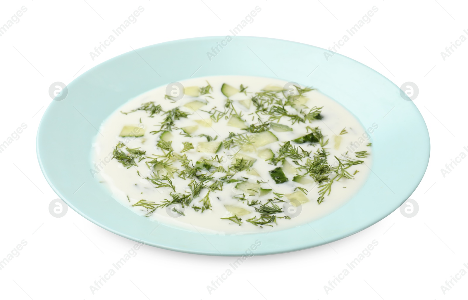 Tasty cucumber soup with dill isolated on white Photo of Tasty cucumber soup with dill isolated on white