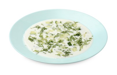 Photo of Tasty cucumber soup with dill isolated on white