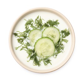 Photo of Tasty cucumber soup with dill in bowl isolated on white, top view