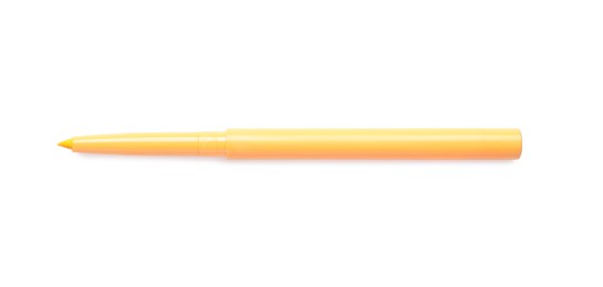 Photo of Yellow twist up eye pencil isolated on white, top view