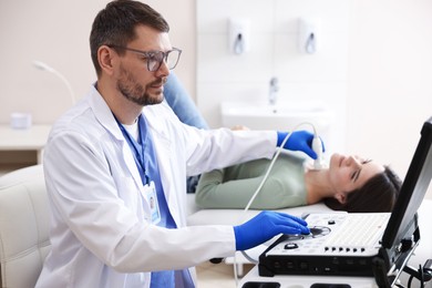 Photo of Sonographer conducting ultrasound examination of woman's thyroid gland in clinic