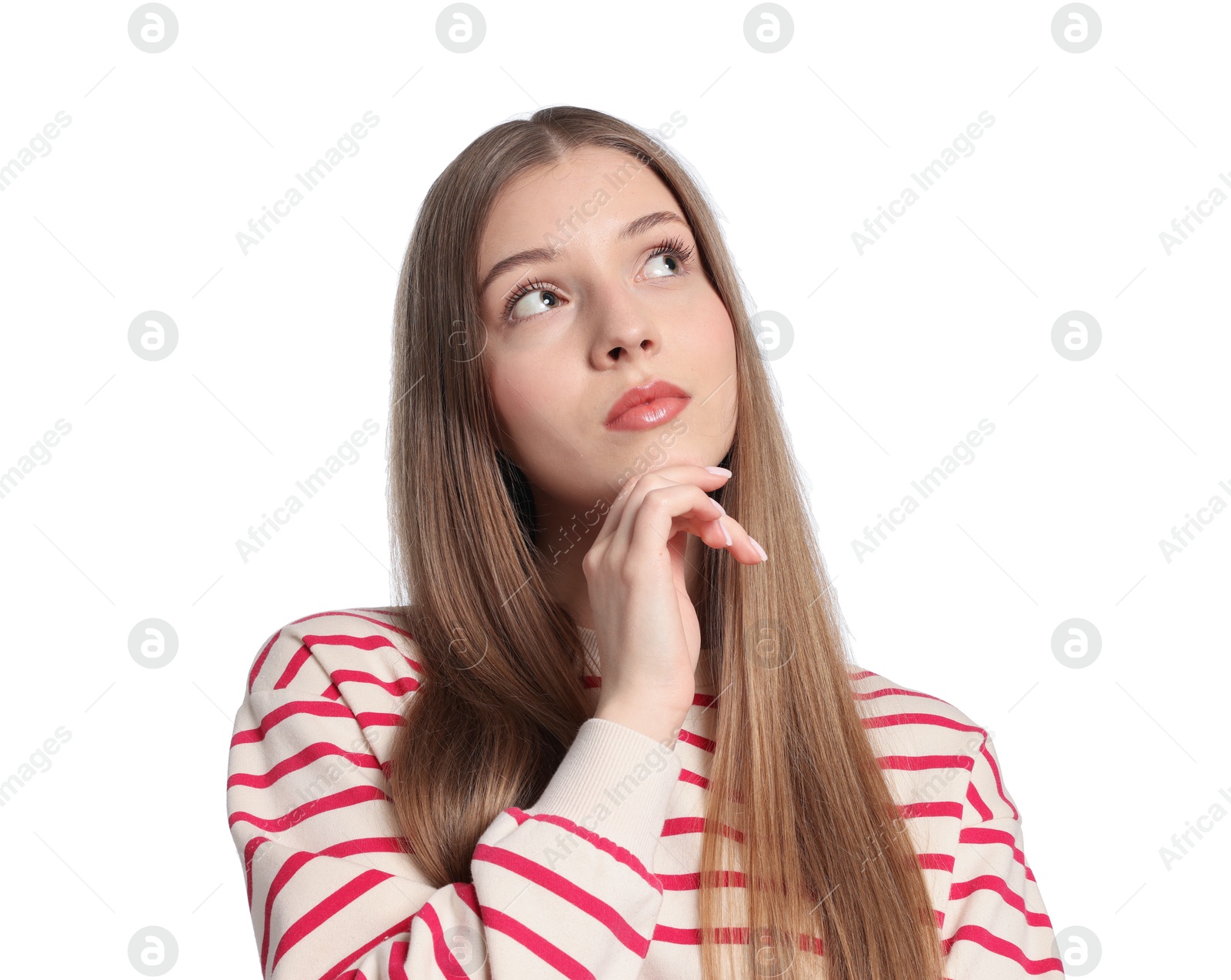 Portrait of pensive teenage girl on white background Photo of Portrait of pensive teenage girl on white background