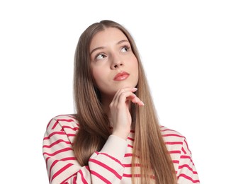 Photo of Portrait of pensive teenage girl on white background